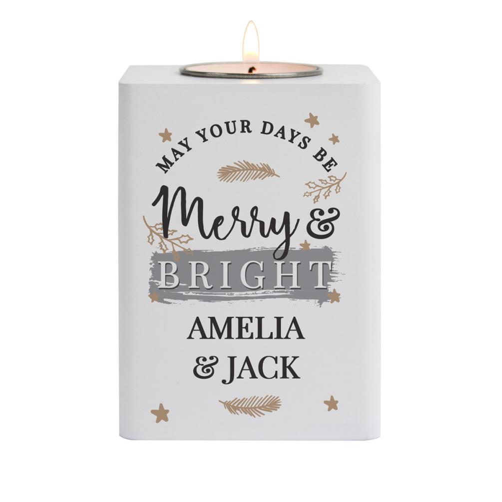 Personalised Merry & Bright White Wooden Tea Light Holder £13.49